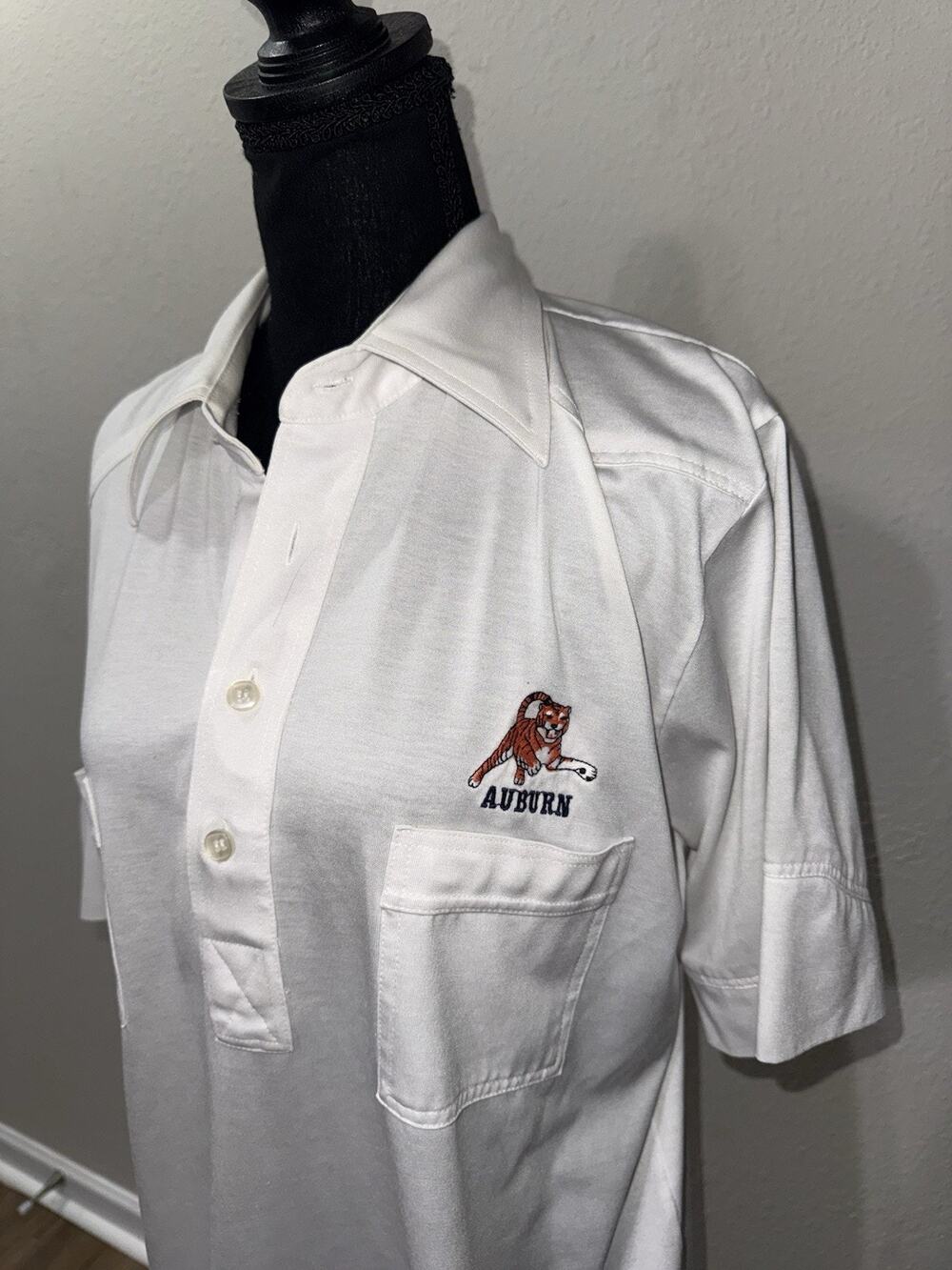 VTG 70s 80s Sahara Auburn Tigers Polo Shirt Mens L White Retro Dagger Collar